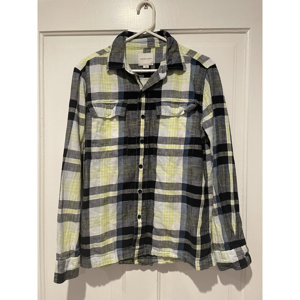 American Eagle Plaid Shirt Mens M Yellow Black Long Sleeve Button Up Woven